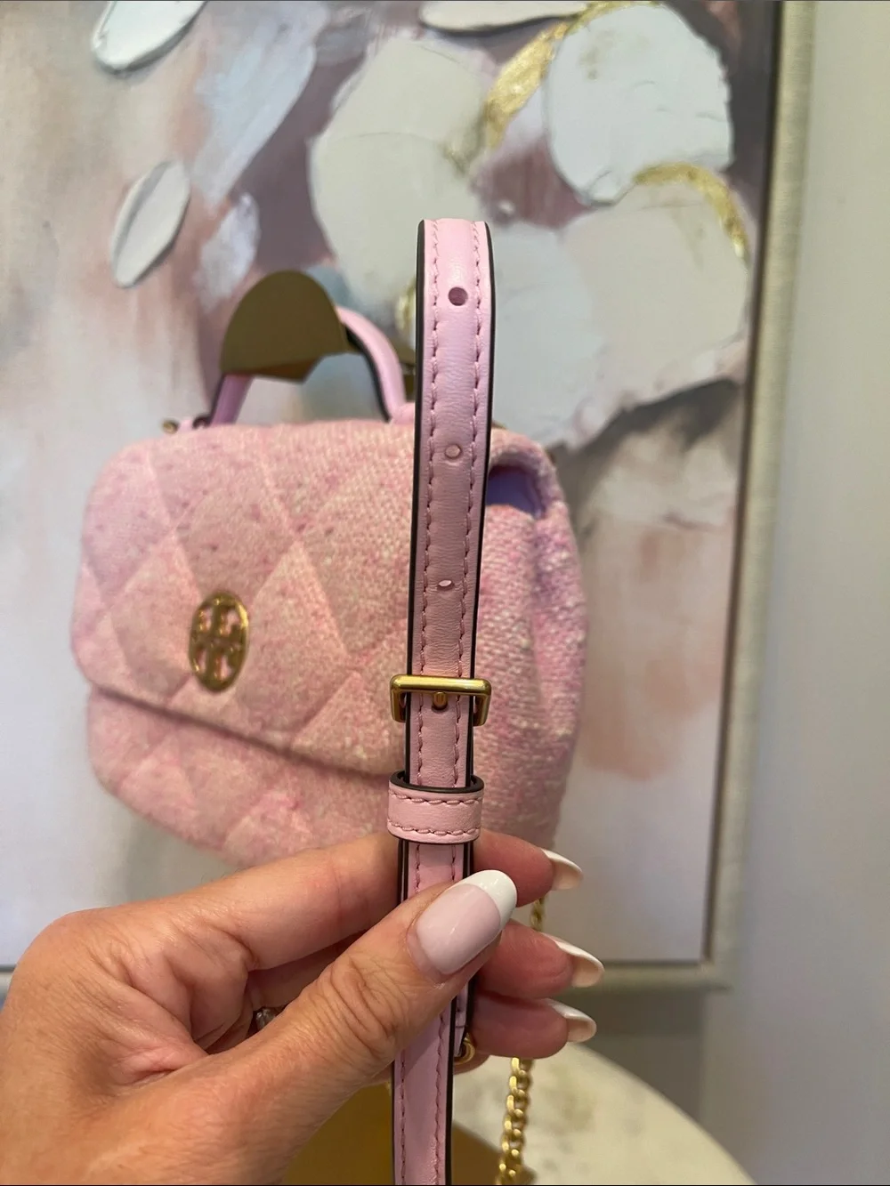 Tory Burch Quilted Tweed Mini Top Handle with Crossbody in Pink